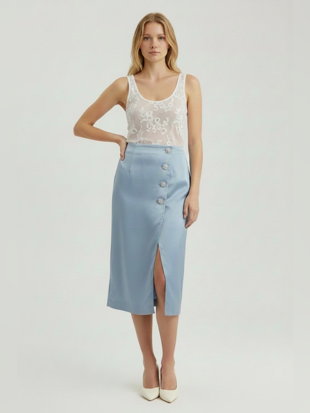 House of Harlow 1960 Light Blue Satin Midi Skirt with Buttons